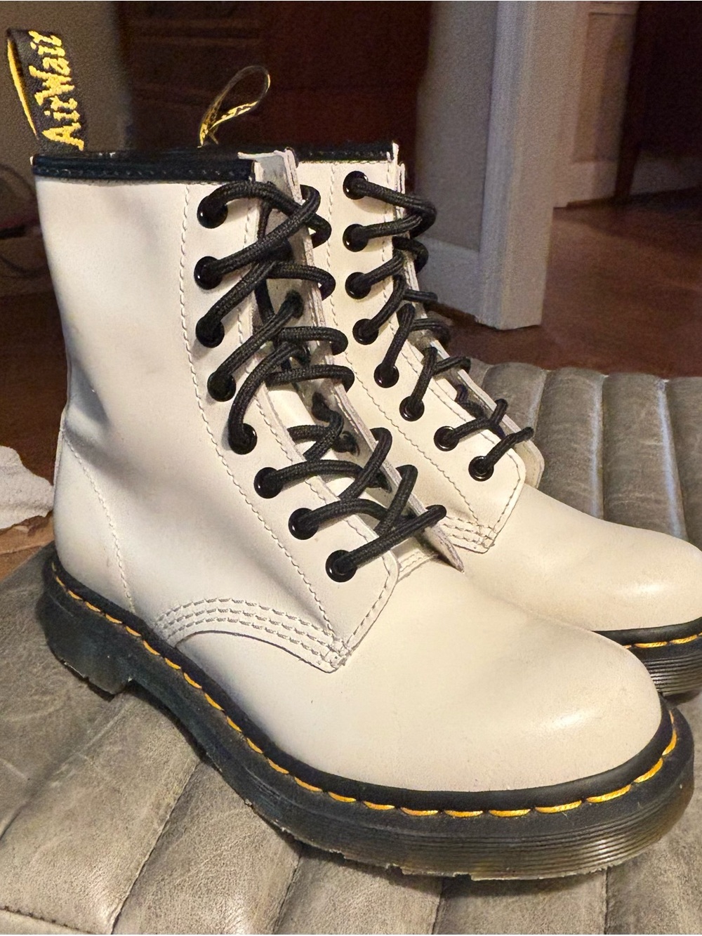Dr. Martens White Leather Lace-Up Combat Boots with Black Trim